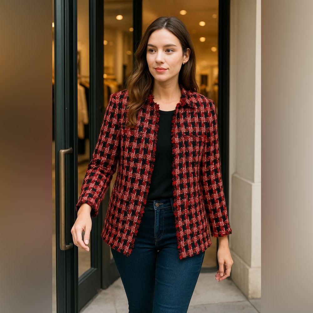 Chico’s Red Black Tweed Houndstooth Fringe Jacket Blazer 1P Office Wear  Holiday